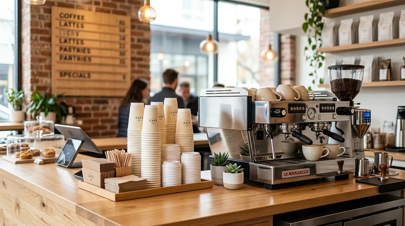 A café counter with a barista serving a customer.