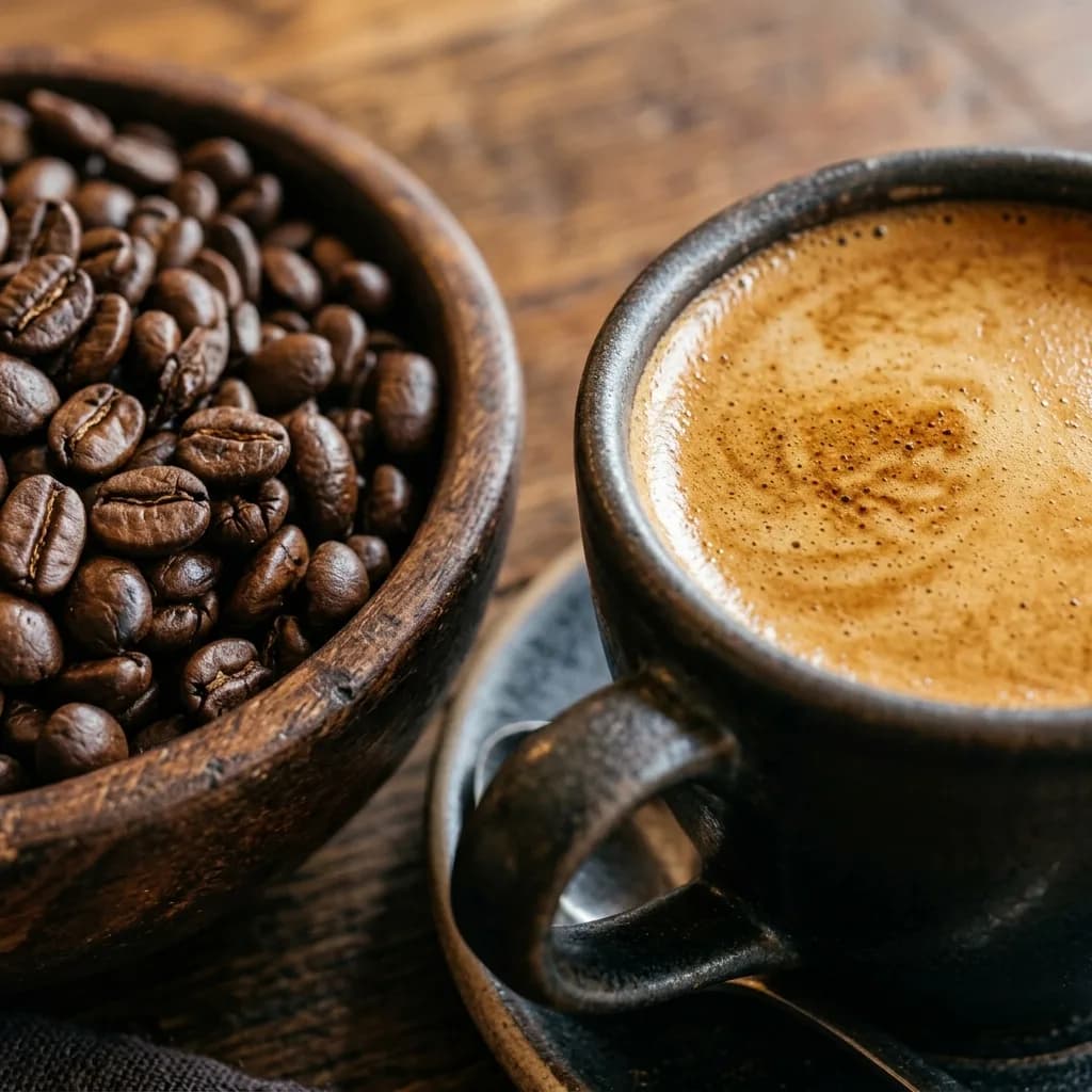 Roasted coffee beans spilling from a scoop.