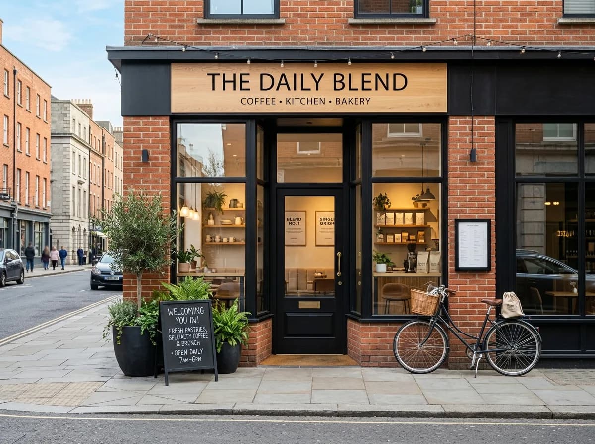 The café's shopfront from the street, with tables outside.