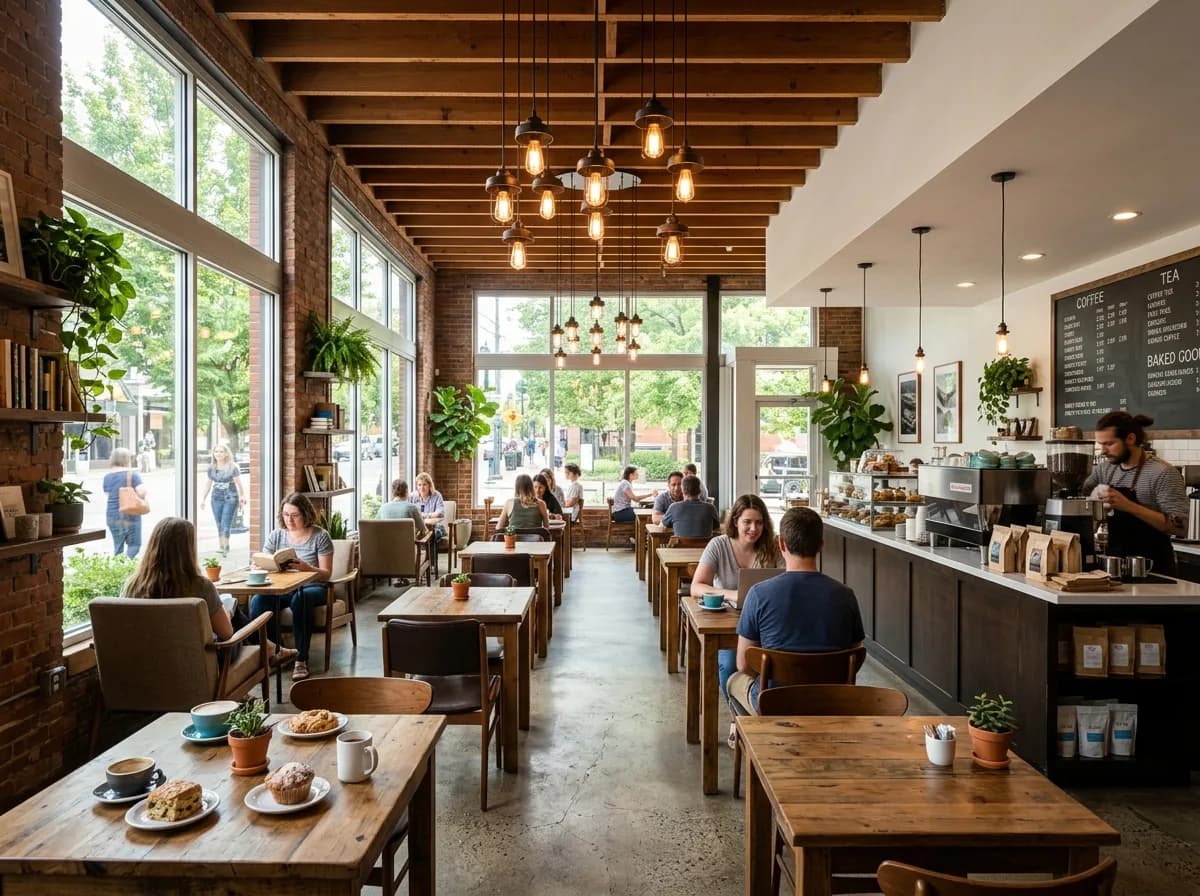 The café's main room: wooden tables, warm lighting and a long window.