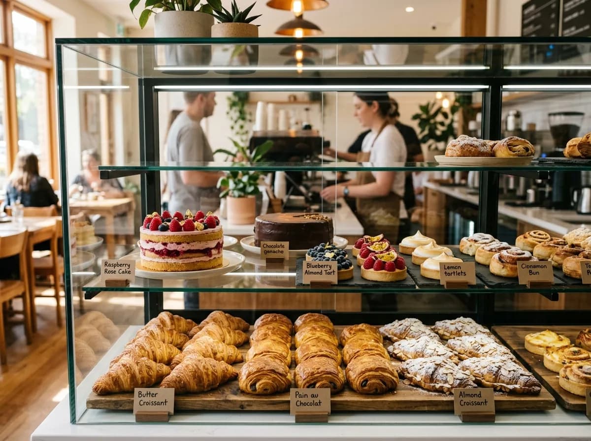 The pastry display case, filled with cakes and pastries.